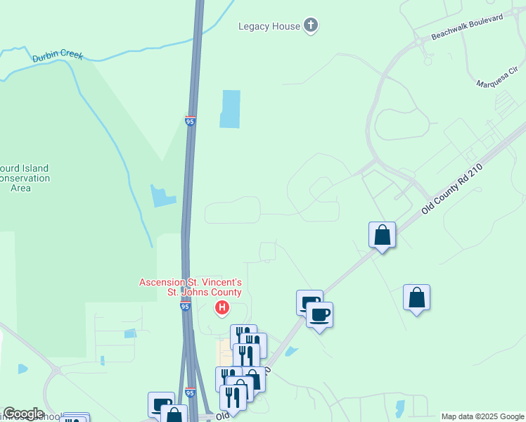 map of restaurants, bars, coffee shops, grocery stores, and more near 488 Albany Bay Boulevard in Saint Johns