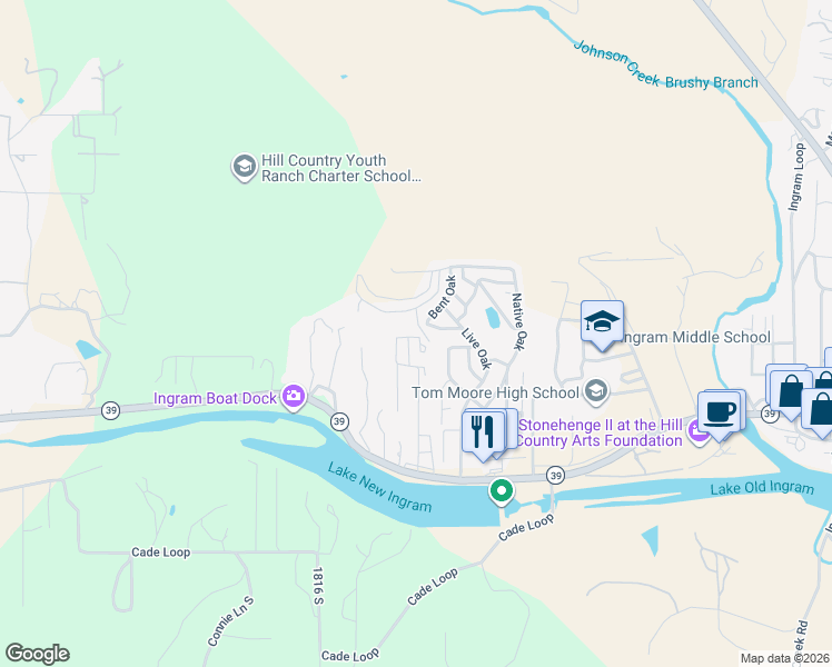 map of restaurants, bars, coffee shops, grocery stores, and more near 518 Bent Oak in Ingram