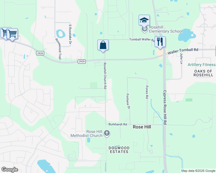 map of restaurants, bars, coffee shops, grocery stores, and more near 21522 Rosehill Church Road in Tomball