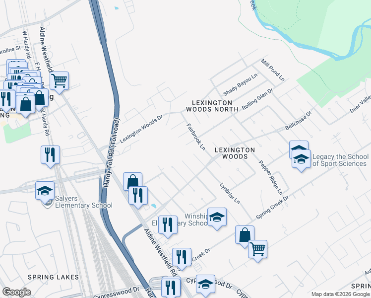 map of restaurants, bars, coffee shops, grocery stores, and more near 2102 Rolling Glen Drive in Spring