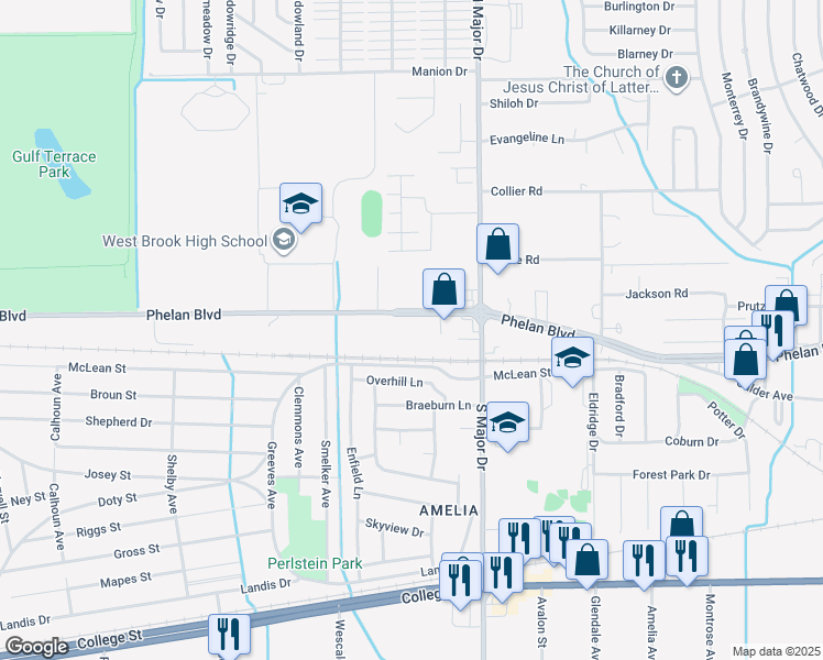 map of restaurants, bars, coffee shops, grocery stores, and more near 8545 Phelan Boulevard in Beaumont