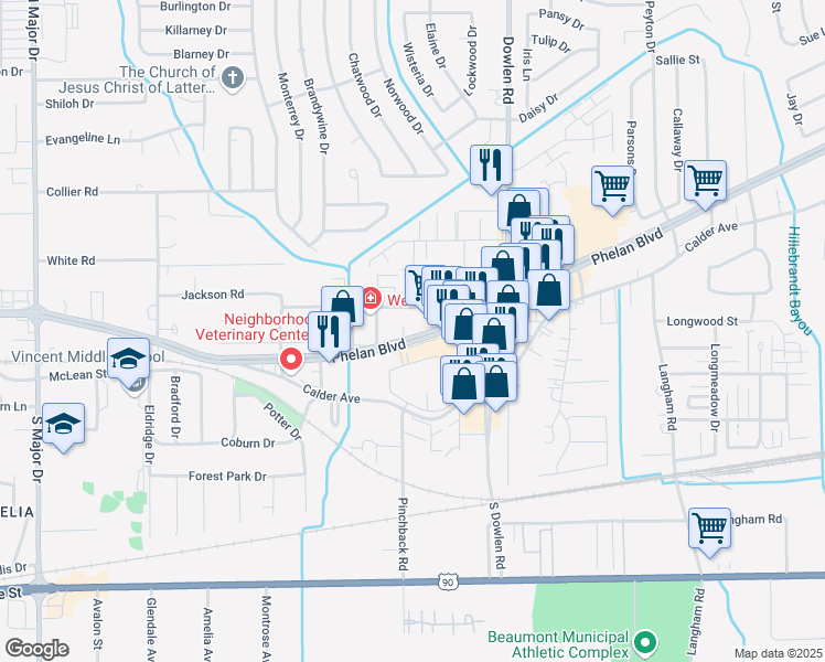 map of restaurants, bars, coffee shops, grocery stores, and more near 6658 Phelan Boulevard in Beaumont