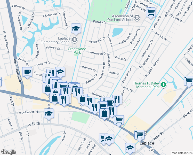 map of restaurants, bars, coffee shops, grocery stores, and more near 441 Belle Chase Drive in LaPlace