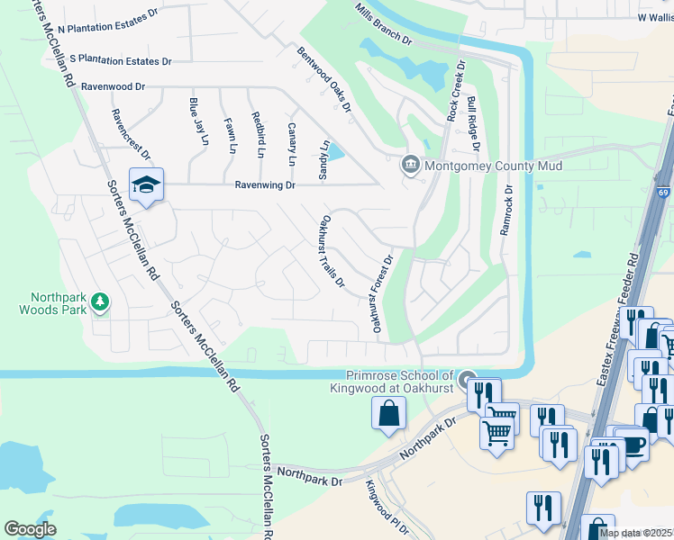 map of restaurants, bars, coffee shops, grocery stores, and more near 20755 Oakhurst Trails Drive in Porter