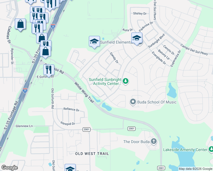 map of restaurants, bars, coffee shops, grocery stores, and more near 191 Lavender Lane in Buda
