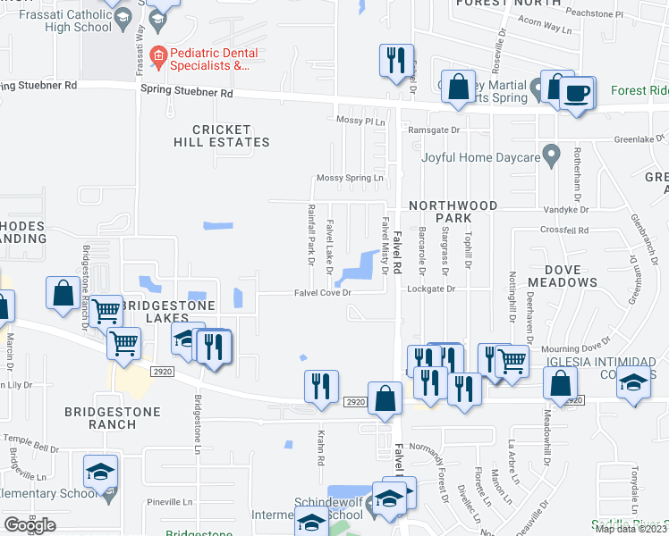 map of restaurants, bars, coffee shops, grocery stores, and more near 21526 Falvel Lake Drive in Spring