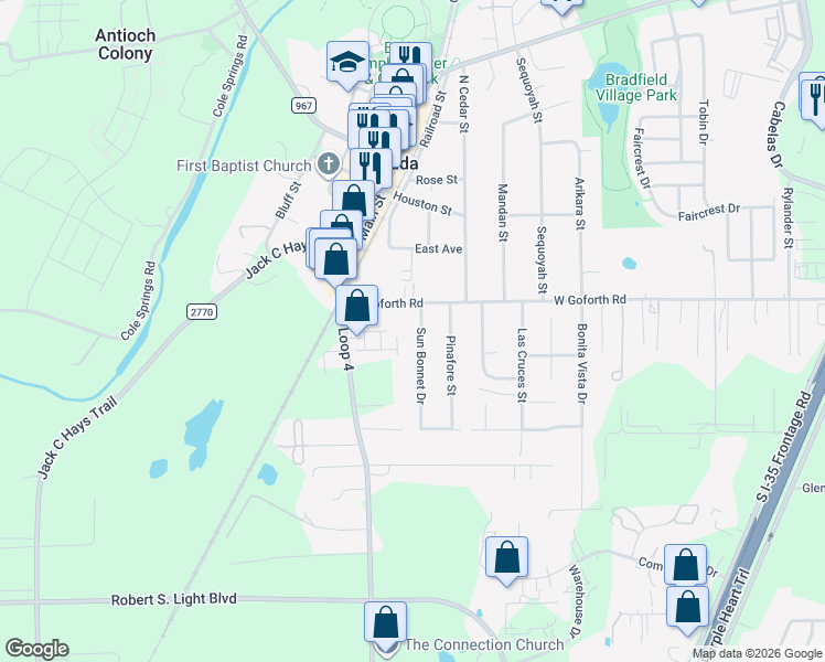 map of restaurants, bars, coffee shops, grocery stores, and more near 401 Sun Bonnet Drive in Buda