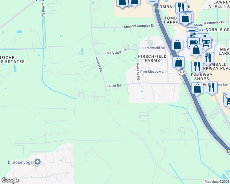 map of restaurants, bars, coffee shops, grocery stores, and more near 14409 Alice Road in Tomball