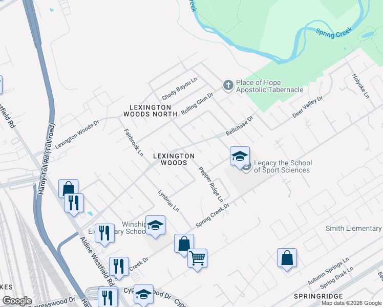map of restaurants, bars, coffee shops, grocery stores, and more near 25422 Wingfield Lane in Spring