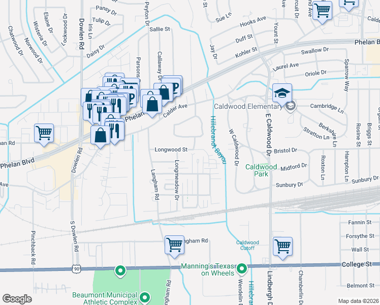 map of restaurants, bars, coffee shops, grocery stores, and more near 5840 Longwood Street in Beaumont