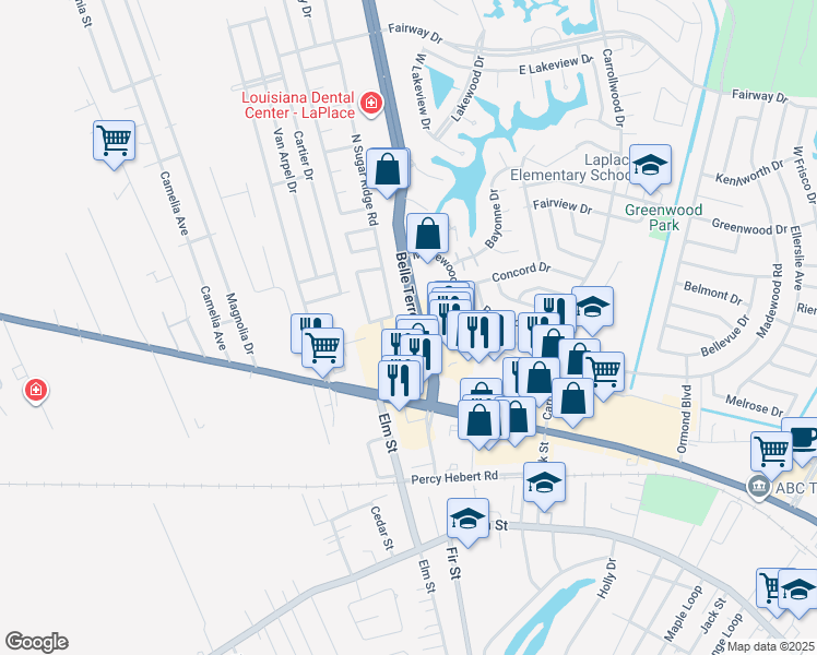 map of restaurants, bars, coffee shops, grocery stores, and more near in LaPlace