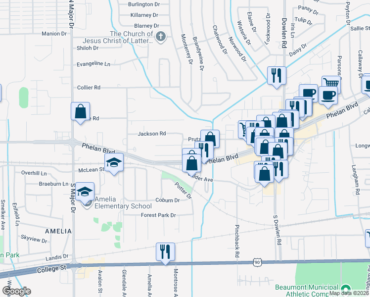 map of restaurants, bars, coffee shops, grocery stores, and more near 7620 Chelsea Place in Beaumont