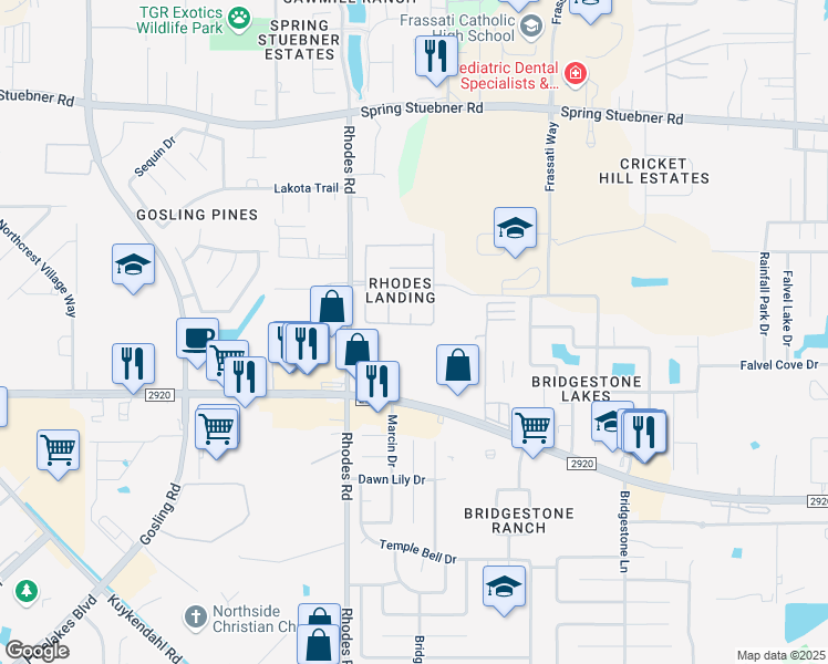 map of restaurants, bars, coffee shops, grocery stores, and more near 4946 Kasos Isle Drive in Spring