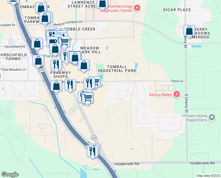 map of restaurants, bars, coffee shops, grocery stores, and more near 13315 Theis Lane in Tomball