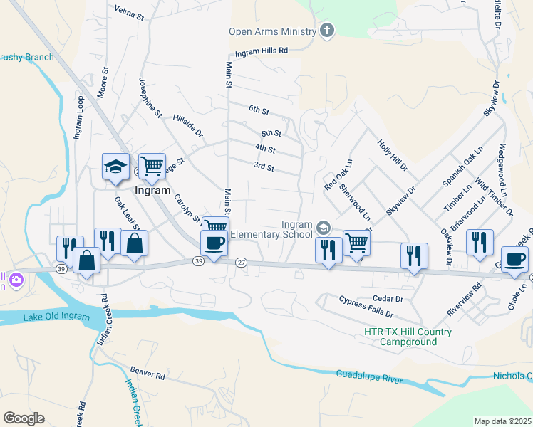 map of restaurants, bars, coffee shops, grocery stores, and more near 111 Hummingbird in Ingram