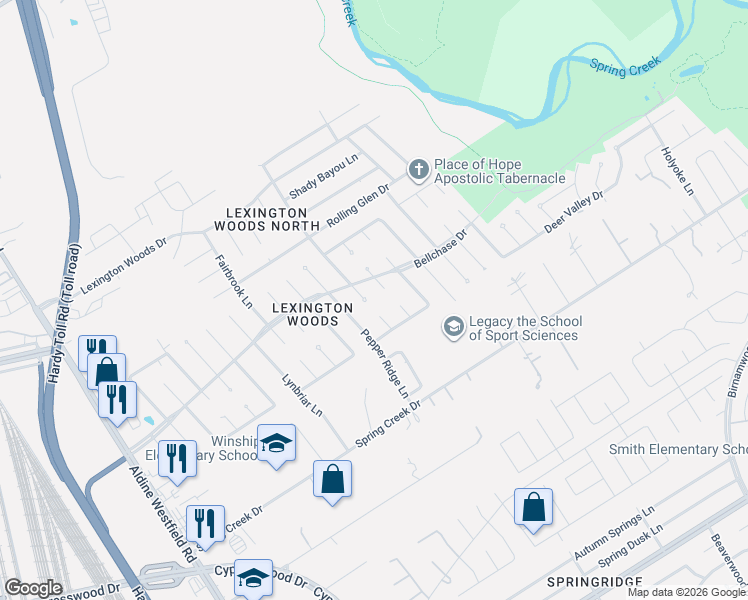map of restaurants, bars, coffee shops, grocery stores, and more near 25422 Wingfield Lane in Spring