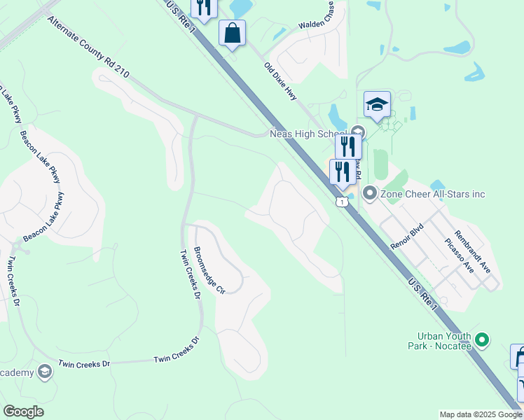 map of restaurants, bars, coffee shops, grocery stores, and more near 245 Switchgrass Road in St. Augustine