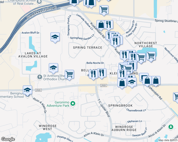 map of restaurants, bars, coffee shops, grocery stores, and more near 21334 Bella Jess Drive in Spring