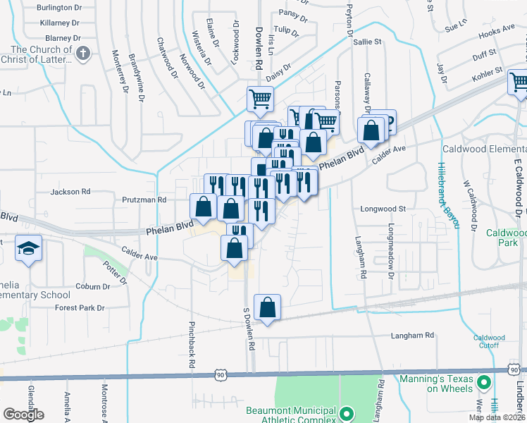 map of restaurants, bars, coffee shops, grocery stores, and more near 260 Dowlen Rd in Beaumont