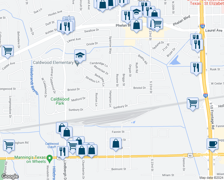 map of restaurants, bars, coffee shops, grocery stores, and more near 205 Hampton Lane in Beaumont