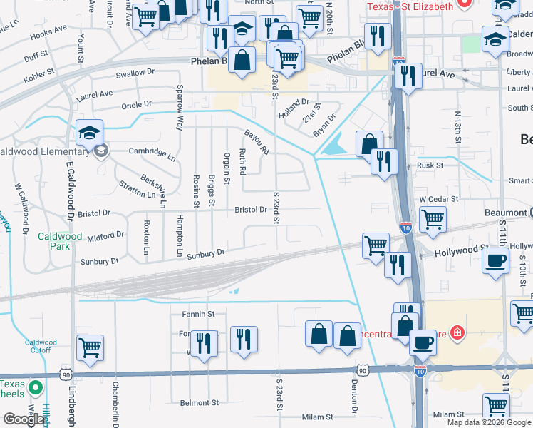map of restaurants, bars, coffee shops, grocery stores, and more near 3921 Bristol Drive in Beaumont
