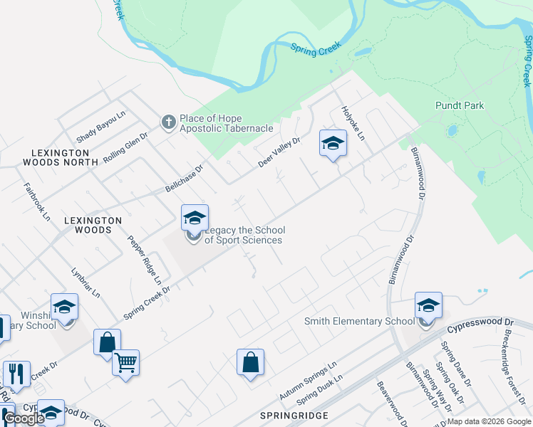 map of restaurants, bars, coffee shops, grocery stores, and more near 25106 Broughton Street in Spring