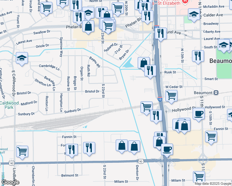 map of restaurants, bars, coffee shops, grocery stores, and more near 3815 Bristol Drive in Beaumont