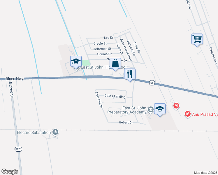 map of restaurants, bars, coffee shops, grocery stores, and more near 136 River Pointe in LaPlace