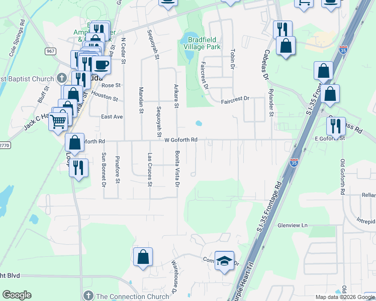 map of restaurants, bars, coffee shops, grocery stores, and more near 700 West Goforth Road in Buda