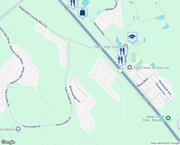 map of restaurants, bars, coffee shops, grocery stores, and more near 245 Switchgrass Road in St. Augustine