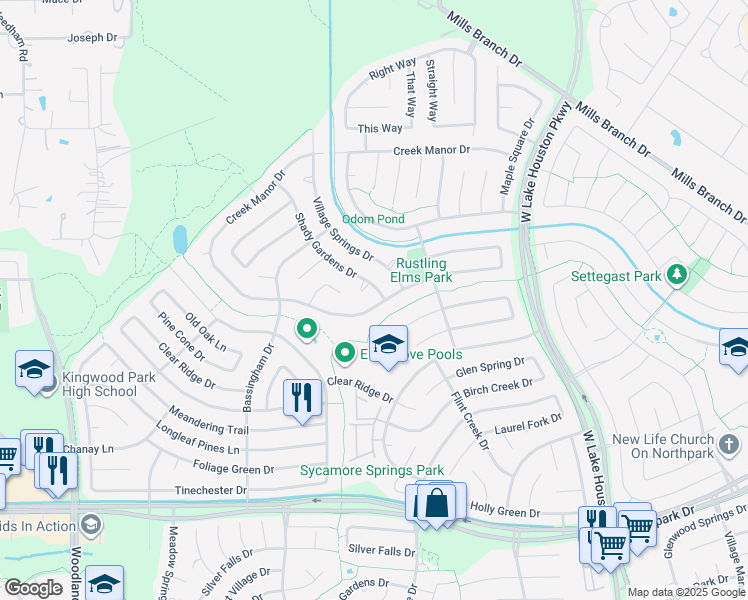 map of restaurants, bars, coffee shops, grocery stores, and more near 5026 Creek Shadows Drive in Humble