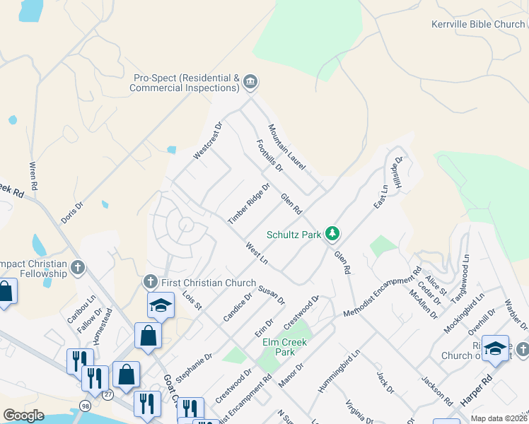 map of restaurants, bars, coffee shops, grocery stores, and more near 426 Forest Ridge Drive in Kerrville
