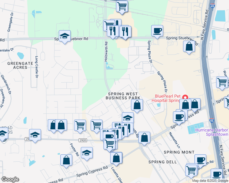 map of restaurants, bars, coffee shops, grocery stores, and more near 1930 Emerald Pathway Drive in Spring