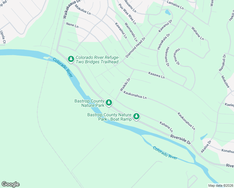 map of restaurants, bars, coffee shops, grocery stores, and more near 150 Waikiki Drive in Bastrop