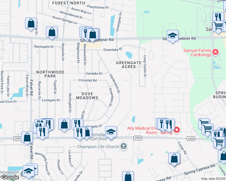 map of restaurants, bars, coffee shops, grocery stores, and more near 21515 Glenbranch Drive in Spring