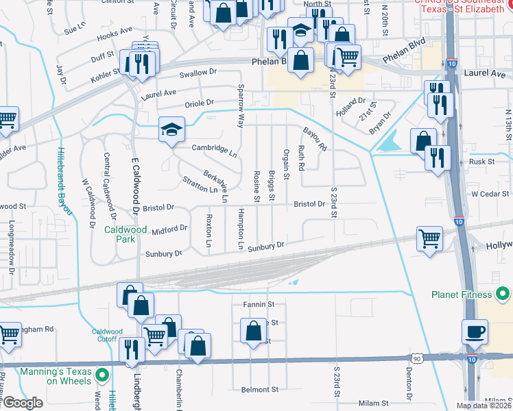 map of restaurants, bars, coffee shops, grocery stores, and more near 4201 Bristol Drive in Beaumont