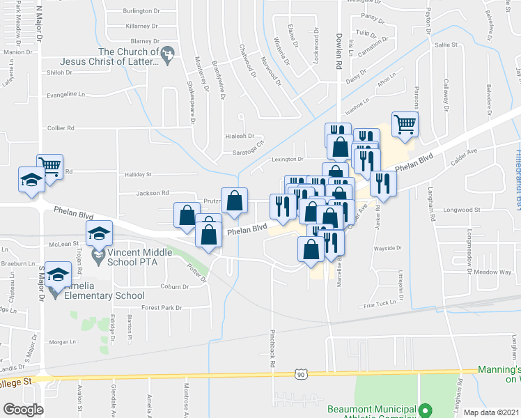 map of restaurants, bars, coffee shops, grocery stores, and more near 100 Matthew Road in Beaumont