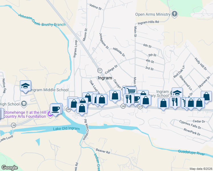 map of restaurants, bars, coffee shops, grocery stores, and more near 3353 Junction Highway in Ingram
