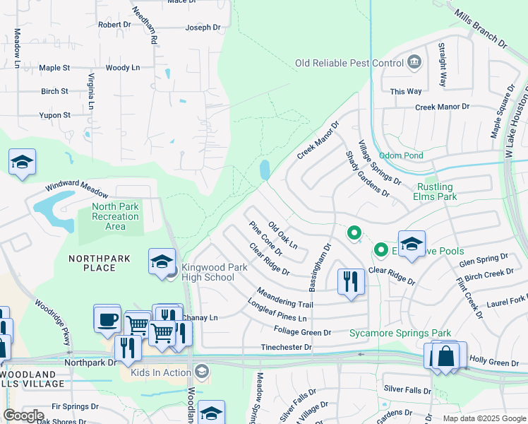 map of restaurants, bars, coffee shops, grocery stores, and more near 2219 Old Oak Lane in Humble