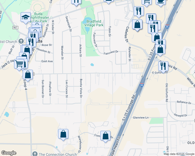 map of restaurants, bars, coffee shops, grocery stores, and more near 200 Goforth Road in Buda