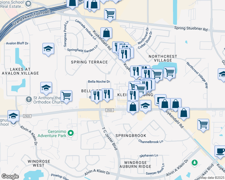 map of restaurants, bars, coffee shops, grocery stores, and more near 21330 Bella Mountain Drive in Spring