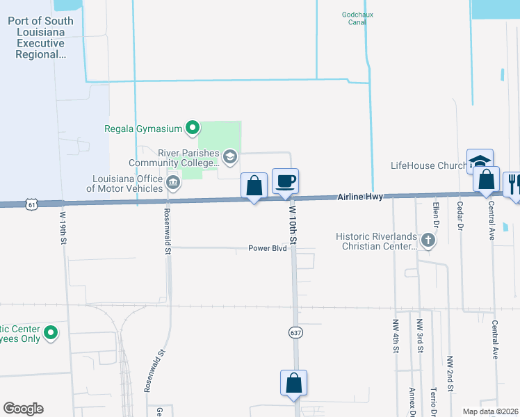 map of restaurants, bars, coffee shops, grocery stores, and more near 3919 West Airline Highway in Reserve