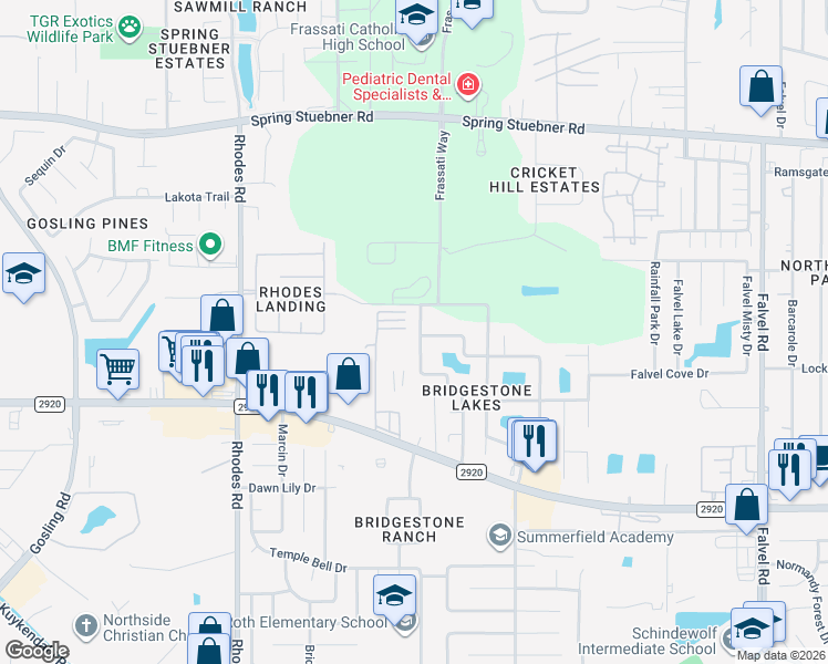 map of restaurants, bars, coffee shops, grocery stores, and more near 22403 Bridgestone Ridge Drive in Spring