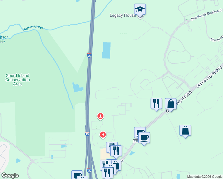 map of restaurants, bars, coffee shops, grocery stores, and more near 35 Clifton Bay Loop in Saint Johns