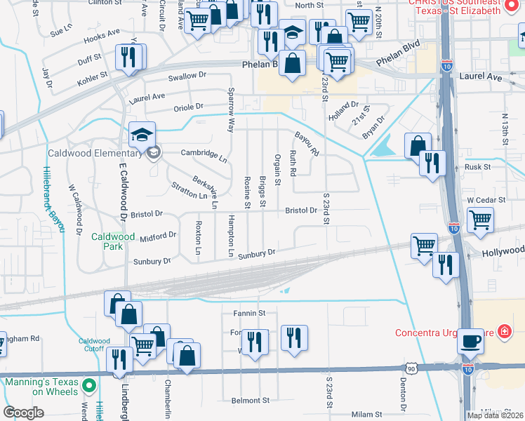 map of restaurants, bars, coffee shops, grocery stores, and more near 198 Briggs Street in Beaumont