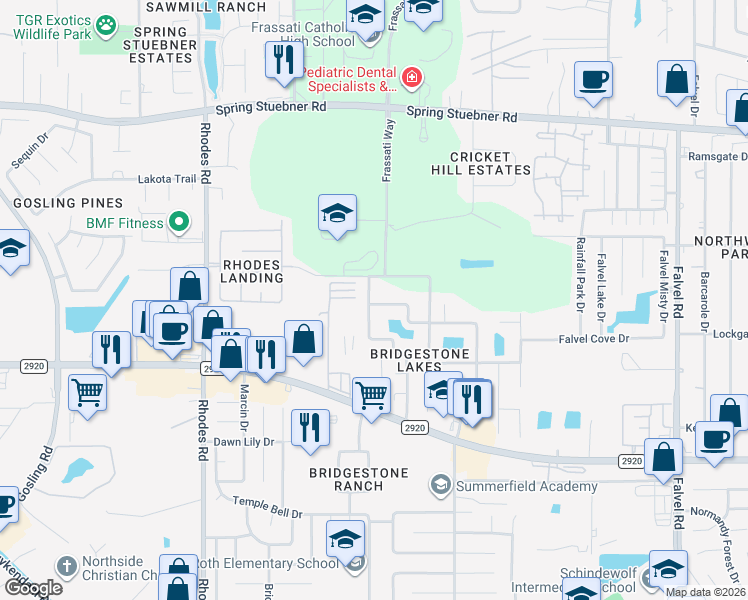map of restaurants, bars, coffee shops, grocery stores, and more near 22403 Bridgestone Ridge Drive in Spring