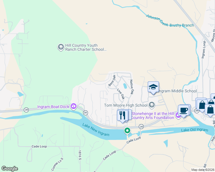 map of restaurants, bars, coffee shops, grocery stores, and more near 518 Bent Oak in Ingram