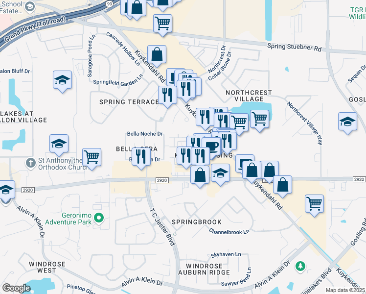 map of restaurants, bars, coffee shops, grocery stores, and more near 21330 Bella Mountain Drive in Spring