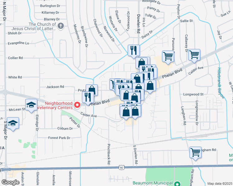 map of restaurants, bars, coffee shops, grocery stores, and more near 6658 Phelan Boulevard in Beaumont
