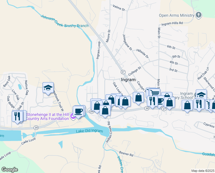 map of restaurants, bars, coffee shops, grocery stores, and more near 217 Oak Leaf Street in Ingram